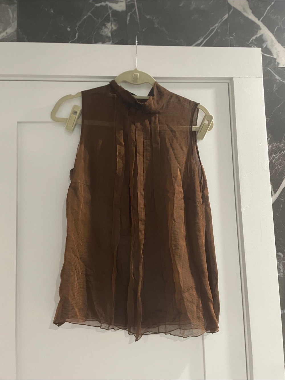 Akris Sleeveless Silk Mock Neck Pleated Front Blouse - Brown Size 12